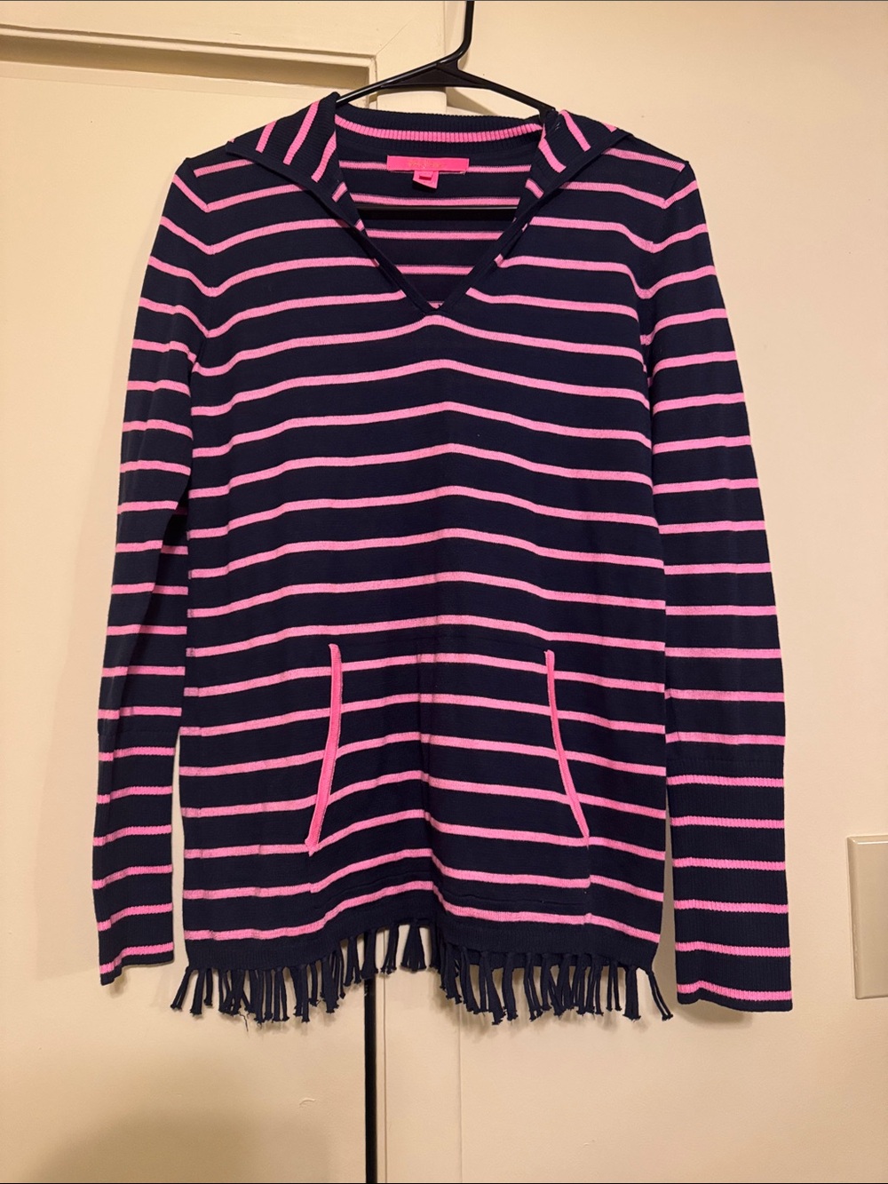 Lilly Pulitzer Navy and Pink Striped V-Neck Lightweight Sweater